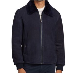 Saks Fifth Avenue Shearling Collar Suede Bomber Jacket Men’s XL Navy New